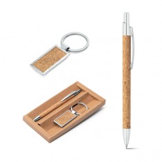 Kit esferográfica e chaveiro em metal com acabamento em cortiça Personalizado