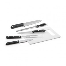 Kit churrasco em estojo de nylon 210D com tábua em PP e 5 utensílios em aço inox e PP Personalizado