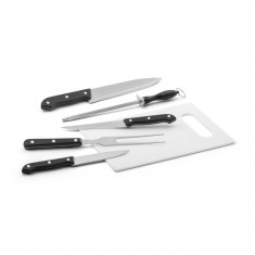 Kit churrasco em estojo de nylon 210D com tábua em PP e 5 utensílios em aço inox e PP Personalizado