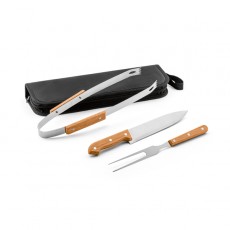 Kit churrasco em estojo de 210D com 3 utensílios em aço inox e madeira de seringueira Personalizado