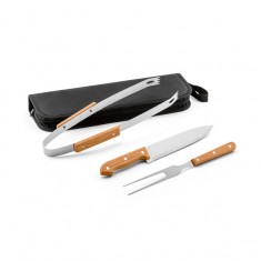 Kit churrasco em estojo de 210D com 3 utensílios em aço inox e madeira de seringueira Personalizado
