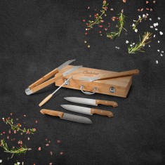 Kit churrasco em estojo de bambu com 6 peças em aço inox e bambu Personalizado