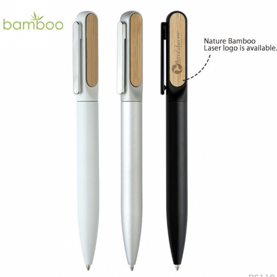 Caneta esferográfica de metal com detalhe em bambu Personalizada com Logo Caneta esferográfica de metal com detalhe em bambu Personalizada com Logo