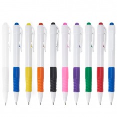 Caneta plástica branca com detalhes coloridos Personalizada para Brinde