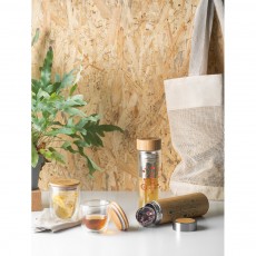 Copo em vidro isotérmico (borossilicato), térmico com parede dupla isolada a ar e tampa de bambu 250 mL Personalizado