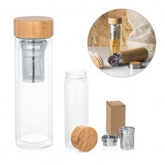 Garrafa em vidro borossilicato de parede dupla térmica, isolada a ar, com tampa em bambu e 2 infusores 490 mL Personalizada