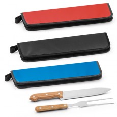 Kit churrasco em estojo em 210D com 2 utensílios em aço inox e madeira seringueira Personalizado