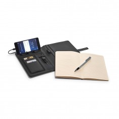 Pasta A5 em c. sintético com bateria portátil embutida (lítio) 4'000 mAh e caderno com 128 páginas pautadas Personalizada