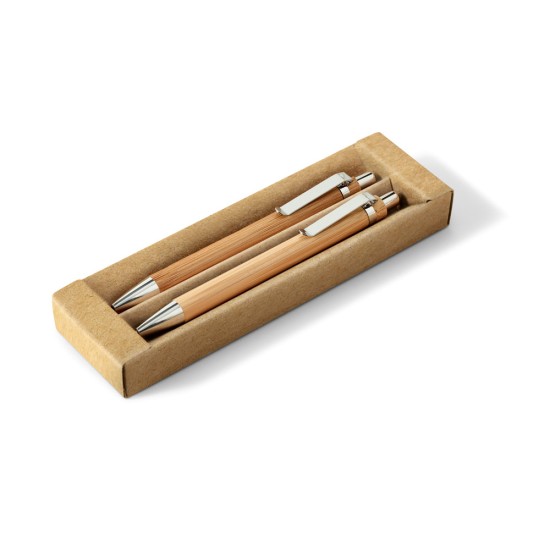 Conjunto de esferográfica com escrita em azul e lapiseira, ambas em bambu Personalizado