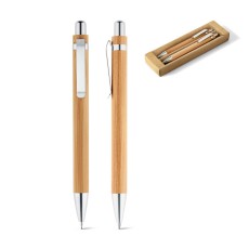 Conjunto de esferográfica com escrita em azul e lapiseira, ambas em bambu Personalizado