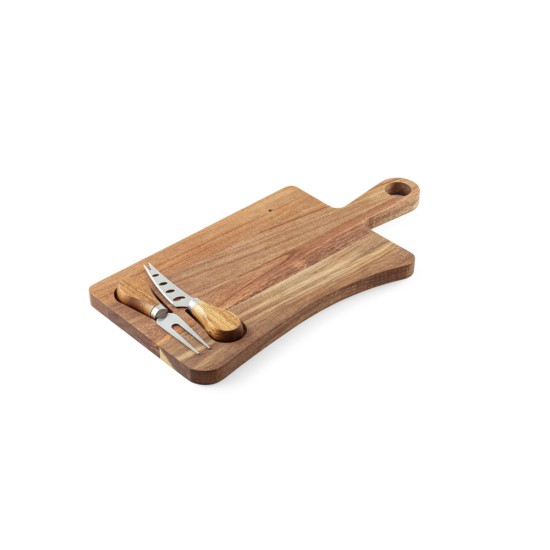Tábua de queijos em madeira de acácia com 2 utensílios em madeira de acácia e aço inox Personalizada