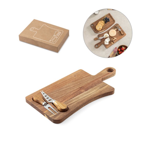 Tábua de queijos em madeira de acácia com 2 utensílios em madeira de acácia e aço inox Personalizada