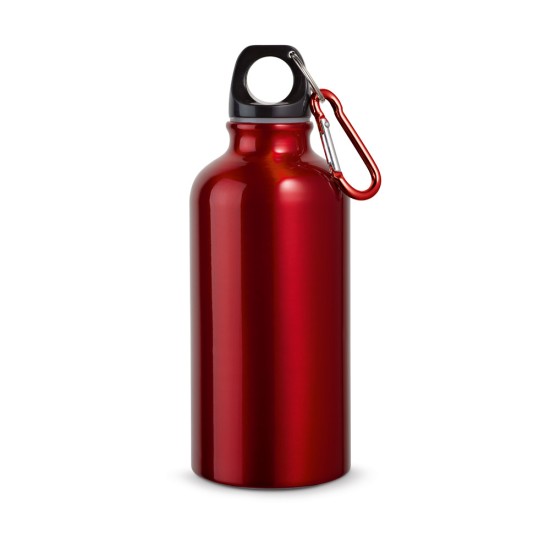 Garrafa esportiva em alumínio e acabamento metálico com mosquetão 400 mL Personalizada