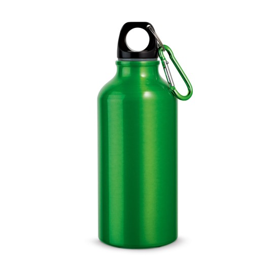 Garrafa esportiva em alumínio e acabamento metálico com mosquetão 400 mL Personalizada