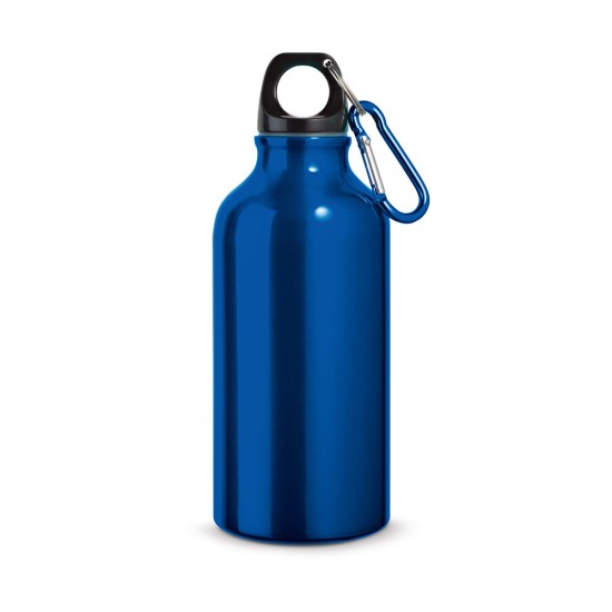 Garrafa esportiva em alumínio e acabamento metálico com mosquetão 400 mL Personalizada