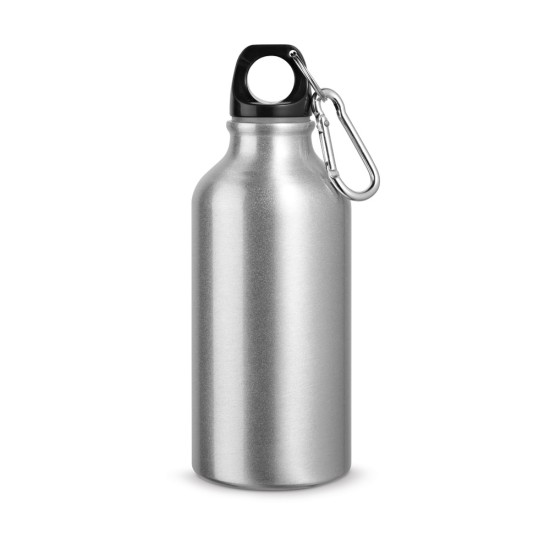 Garrafa esportiva em alumínio e acabamento metálico com mosquetão 400 mL Personalizada