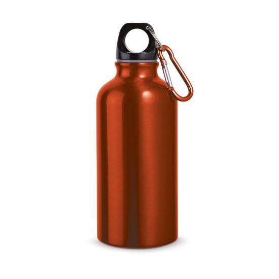 Garrafa esportiva em alumínio e acabamento metálico com mosquetão 400 mL Personalizada