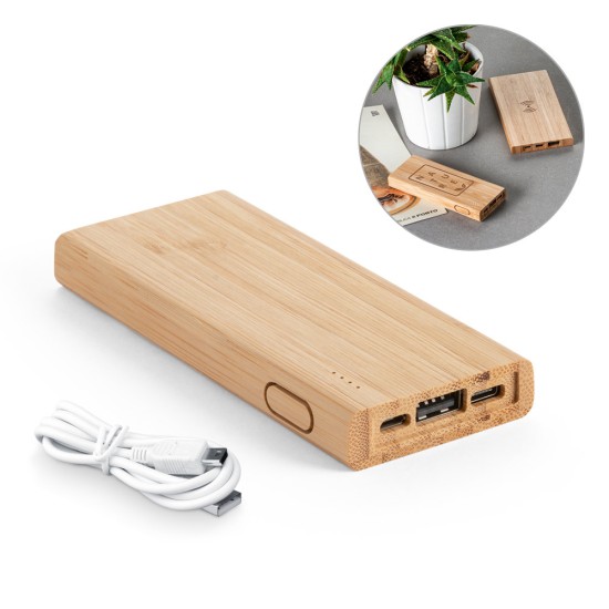 Bateria portátil em bambu com bateria de lítio 5'000 mAh Personalizada