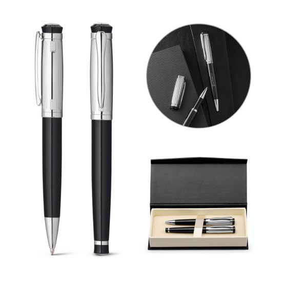 Conjunto de esferográfica e roller em metal com escrita em azul Personalizado