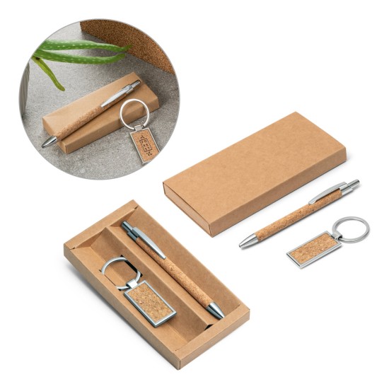 Kit esferográfica e chaveiro em metal com acabamento em cortiça Personalizado