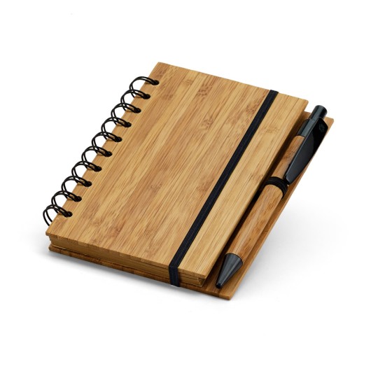 Caderno A6 espiral de capa dura em bambu com 140 páginas pautadas para brinde personalizado