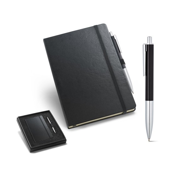 Kit de caderno A5 e esferográfica em cartão e alumínio para brinde personalizado