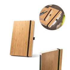 Caderno de bolso com capa e contracapa em placa de bambu e lombada em PET 100% reciclado, com 160 páginas lisas para empresas