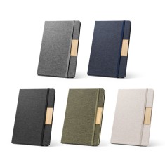 Caderno A5 de capa dura em tecido PET 100% reciclado com 160 páginas pautadas para brinde personalizado