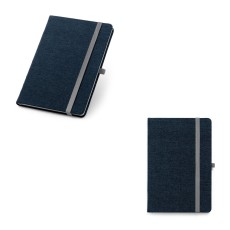 Caderno A5 de capa dura em tecido tipo jeans com 160 páginas pautadas para empresas