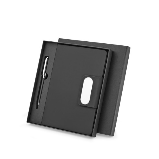 Conjunto composto por 1 caneta esferográfica e 1 caderno, em PU e aço inox para brinde corporativo