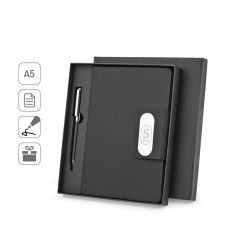 Conjunto composto por 1 caneta esferográfica e 1 caderno, em PU e aço inox para brinde corporativo