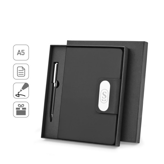 Conjunto composto por 1 caneta esferográfica e 1 caderno, em PU e aço inox para brinde corporativo