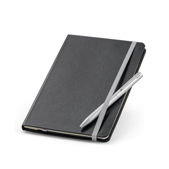 Kit de caderno e esferográfica. Caderno com 160 páginas pautadas e esferográfica com escrita em azul Personalizado