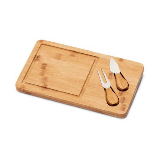 Tábua de queijos em bambu com 2 utensílios em bambu e aço inox Personalizada