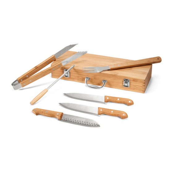 Kit churrasco em estojo de bambu com 6 peças em aço inox e bambu Personalizado