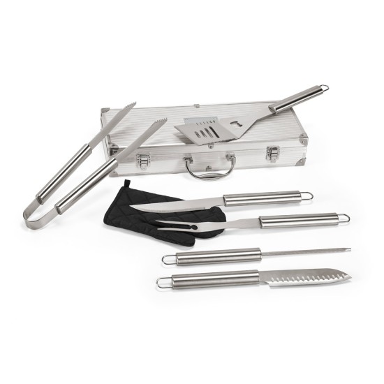 Kit churrasco em estojo de alumínio com luva de cozinha em poliéster e 6 utensílios em aço inox Personalizado