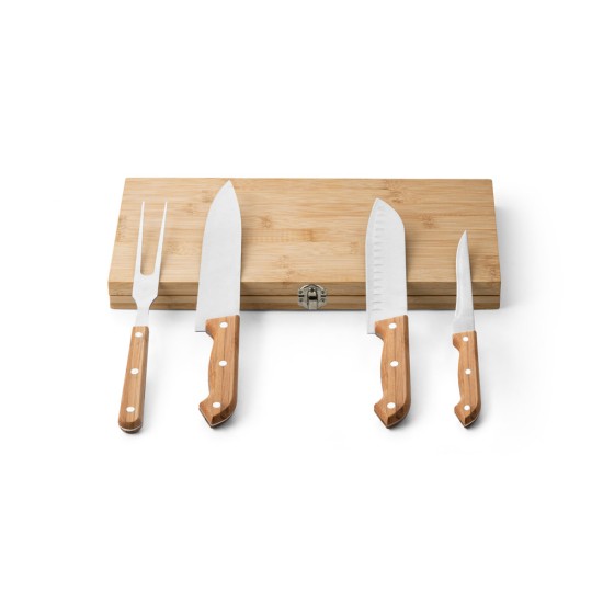 Kit churrasco em caixa bambu com 4 utensílios em aço inox e bambu Personalizado