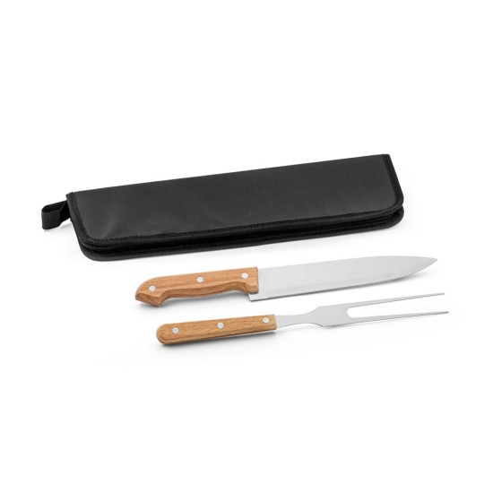 Kit churrasco em estojo em 210D com 2 utensílios em aço inox e madeira seringueira Personalizado