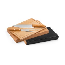 Kit churrasco em caixa kraft com tábua em bambu e 2 utensílios em aço inox e bambu Personalizado