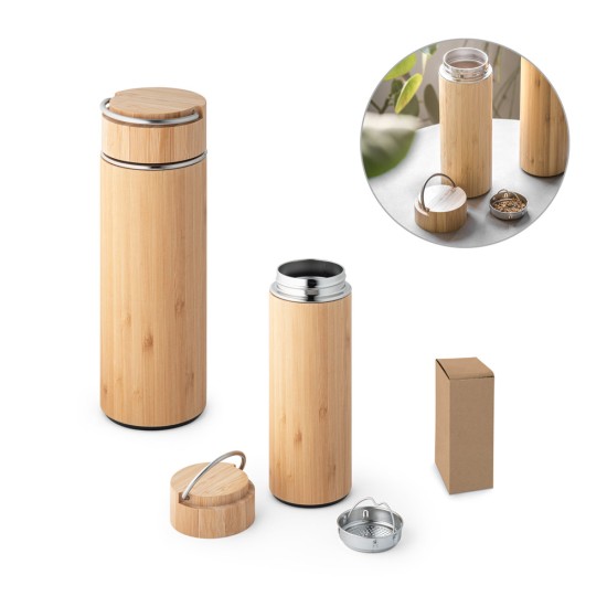 Garrafa em aço inox e bambu de parede dupla térmica, isolada a vácuo 440 mL promocional