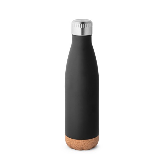 Garrafa em aço inox de parede dupla térmica, isolada a vácuo, com tampa em aço inox e base em cortiça 560 mL com logotipo