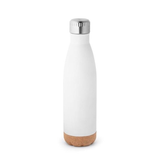 Garrafa em aço inox de parede dupla térmica, isolada a vácuo, com tampa em aço inox e base em cortiça 560 mL com logotipo