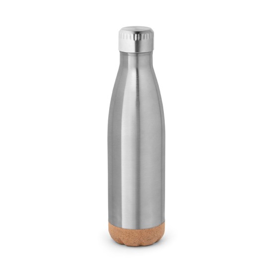 Garrafa em aço inox de parede dupla térmica, isolada a vácuo, com tampa em aço inox e base em cortiça 560 mL com logotipo