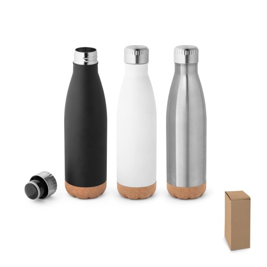 Garrafa em aço inox de parede dupla térmica, isolada a vácuo, com tampa em aço inox e base em cortiça 560 mL com logotipo