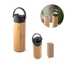 Garrafa em aço inox e bambu de parede dupla térmica, isolada a vácuo 440 mL para brinde personalizado