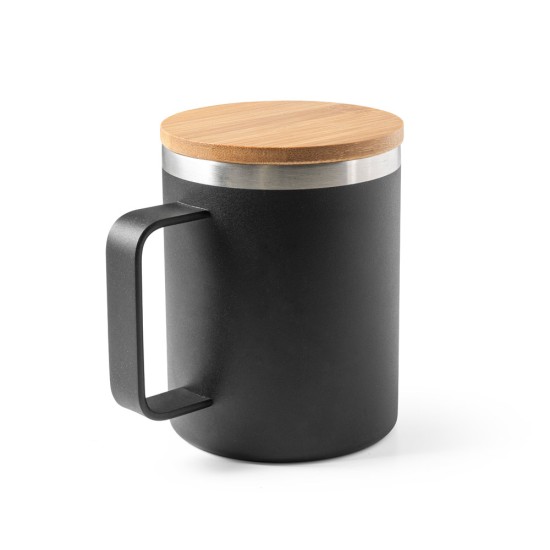 Copo de viagem em aço inox 90% reciclado, térmico com parede dupla isolada a vácuo e tampa em bambu 420 mL Personalizado