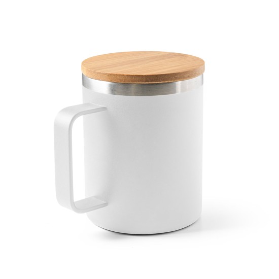 Copo de viagem em aço inox 90% reciclado, térmico com parede dupla isolada a vácuo e tampa em bambu 420 mL Personalizado
