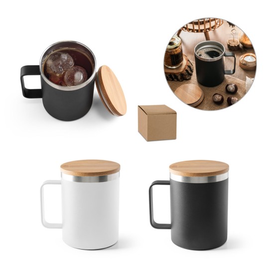 Copo de viagem em aço inox 90% reciclado, térmico com parede dupla isolada a vácuo e tampa em bambu 420 mL Personalizado
