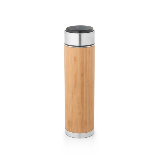 Garrafa em aço inox e bambu de parede dupla térmica, isolada a vácuo com termómetro digital 430 mL Personalizada