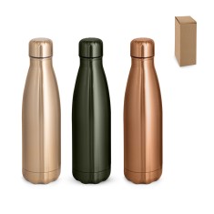 Garrafa em aço inox de parede dupla térmica, isolada a vácuo e acabamento metalizado 510 mL promocional